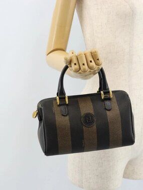 FENDI Pecan Canvas Mini Boston Bag PVC Black Brown gold Auth gh1773